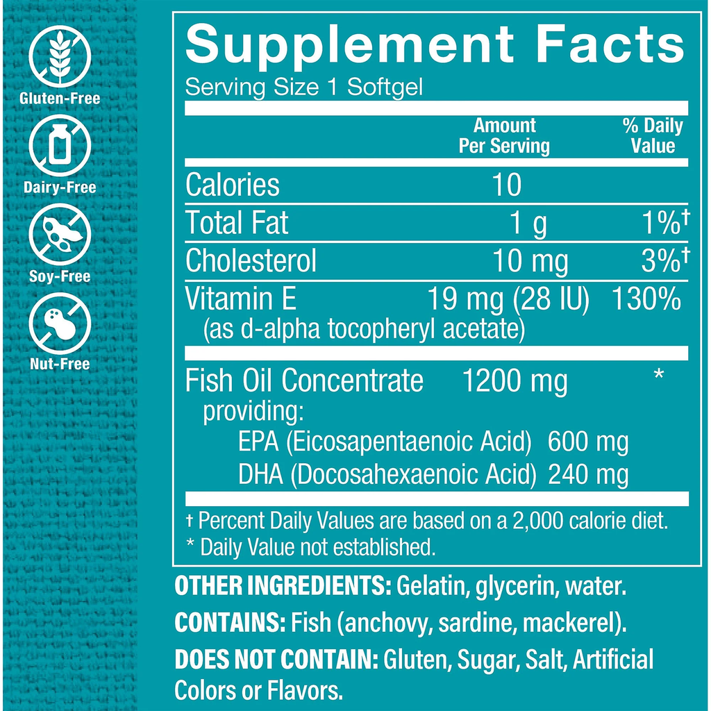 Omega 3 Fish Oil 1200 mg 600/240 EPA/DHA (60 cápsulas blandas)